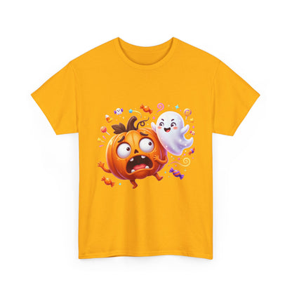 Cute Halloween Pumpkin & Ghost Tee — Scared Pumpkin Candy Graphic T-Shirt