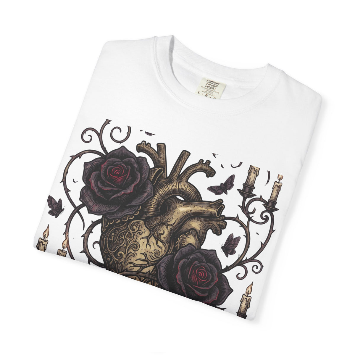 Love Never Dies Heart T-Shirt — Gothic Rose "Forever After Dark" Tee