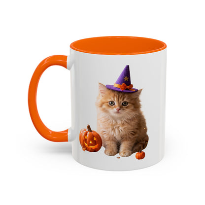 Halloween Cat Coffee Mug with Witch Hat and Pumpkin