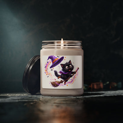 Halloween Witch Cat Soy Candle — 9oz Scented Jar (Cute Black Cat on Broom)