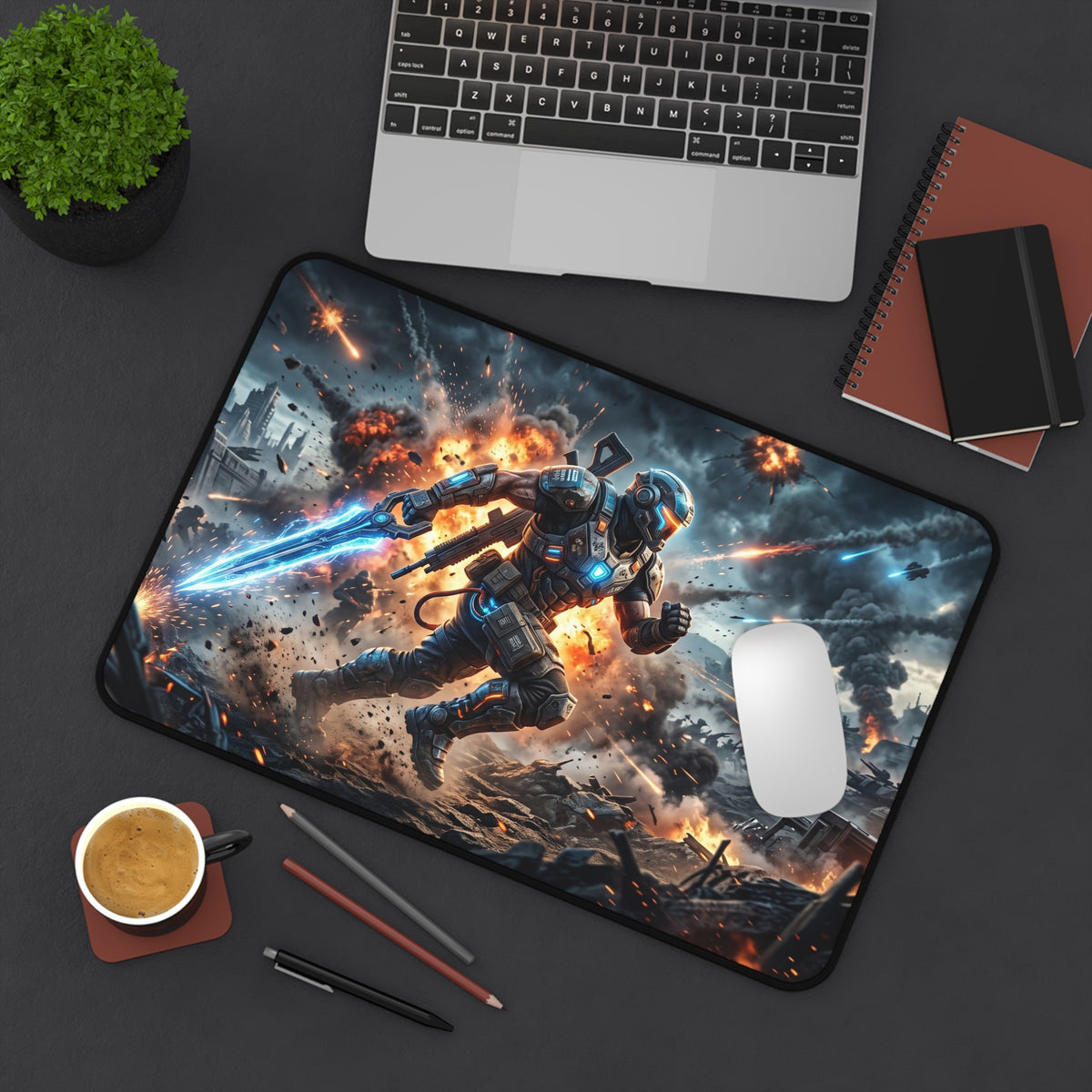 Futuristic Soldier Gaming Desk Mat — Sci‑Fi Battle Scene Mouse Pad