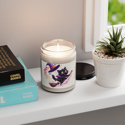 Halloween Witch Cat Soy Candle — 9oz Scented Jar (Cute Black Cat on Broom)