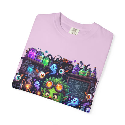 Mad Scientist Cat Lab T-Shirt — Neon Potion Halloween Tee
