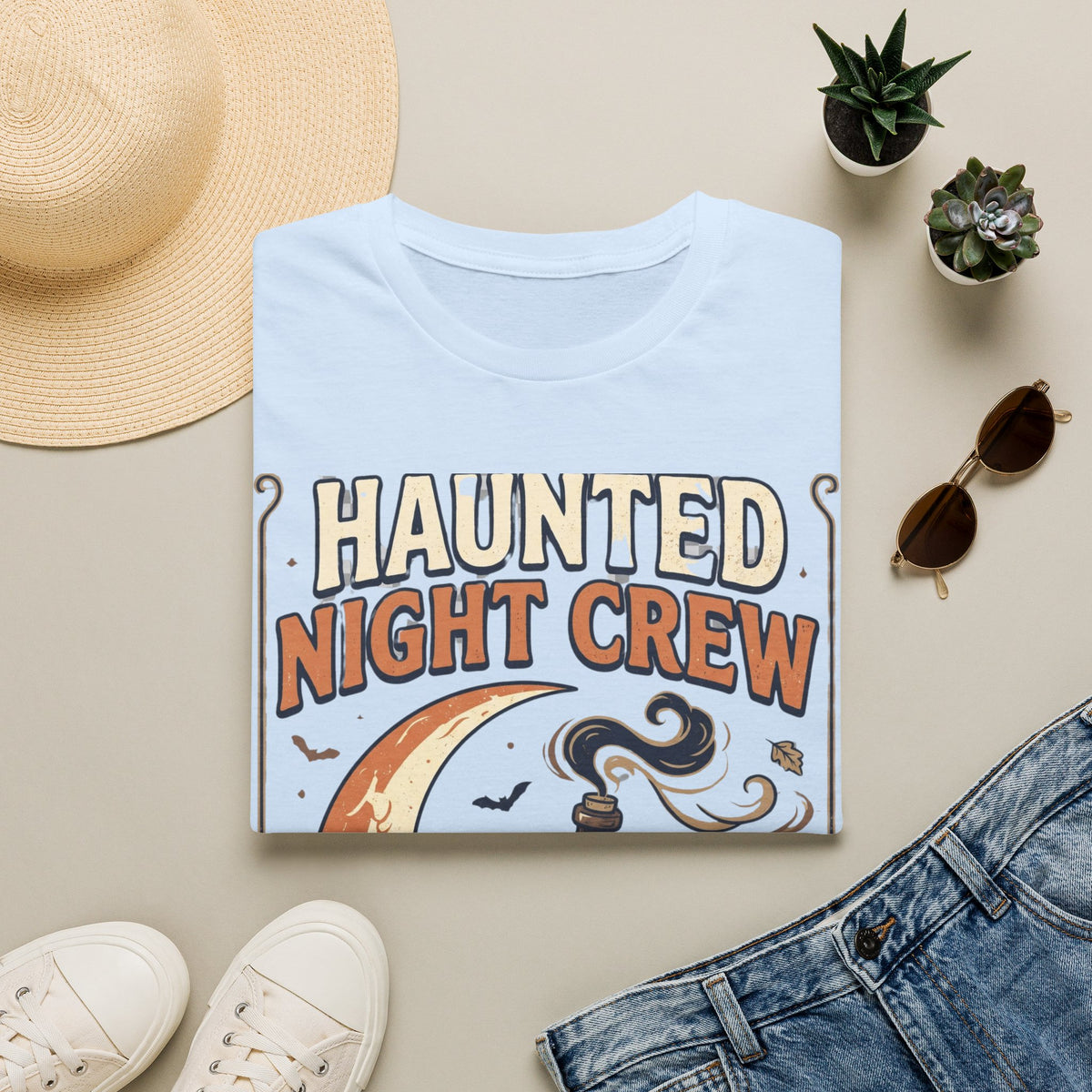 Haunted Night Crew T-Shirt — Retro Halloween Skeleton & Pumpkin Tee