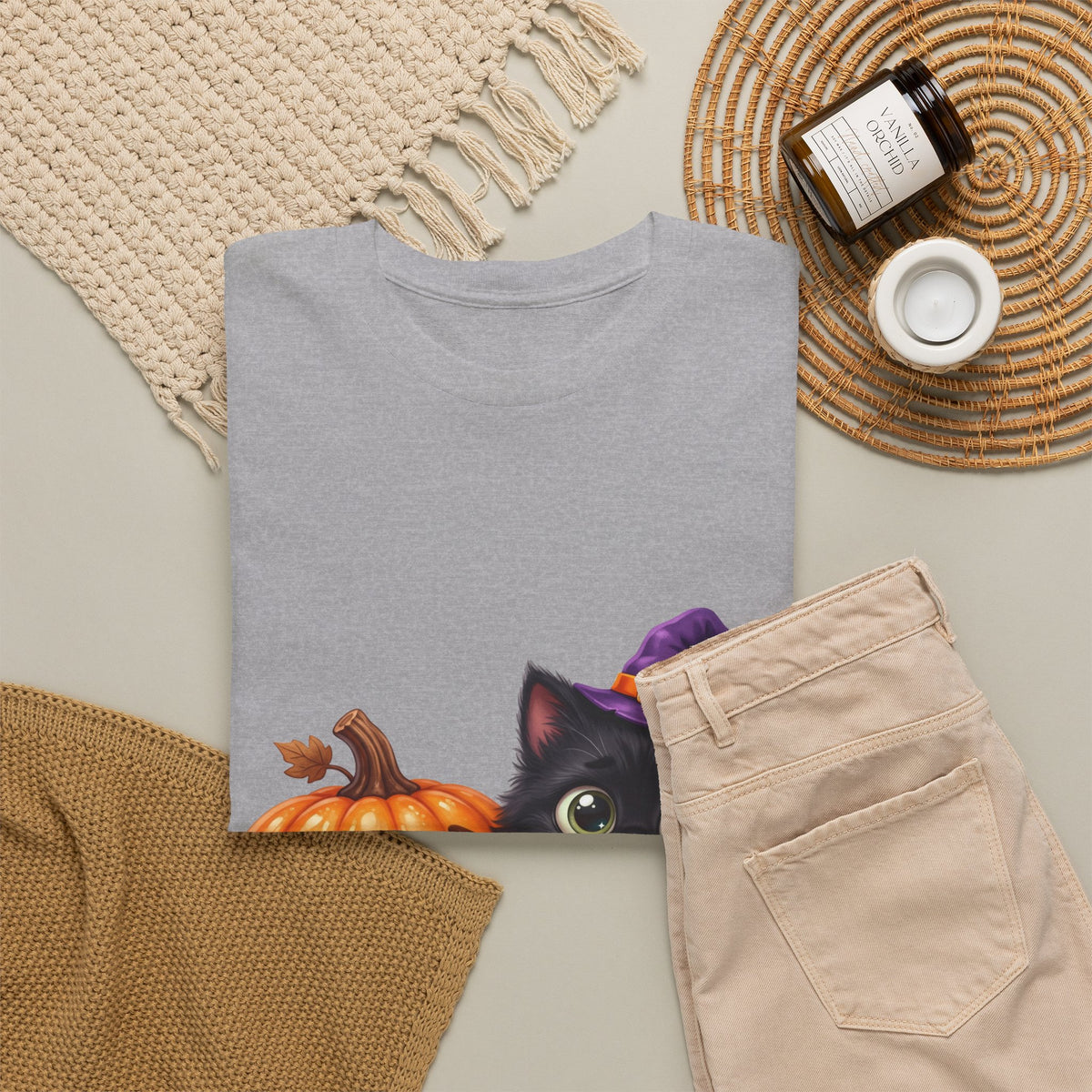 Halloween Black Cat & Pumpkin T‑Shirt — Cute Witch Hat Kitty Fall Tee