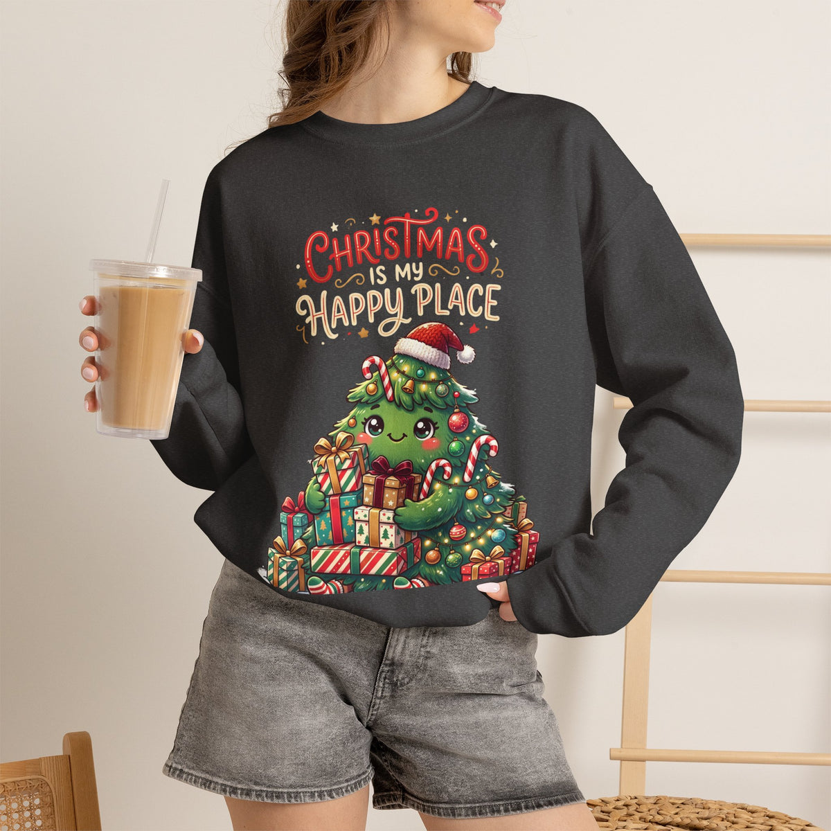Christmas Happy Place Crewneck Sweatshirt — Cute Kawaii Tree & Gifts Holiday Sweatshirt