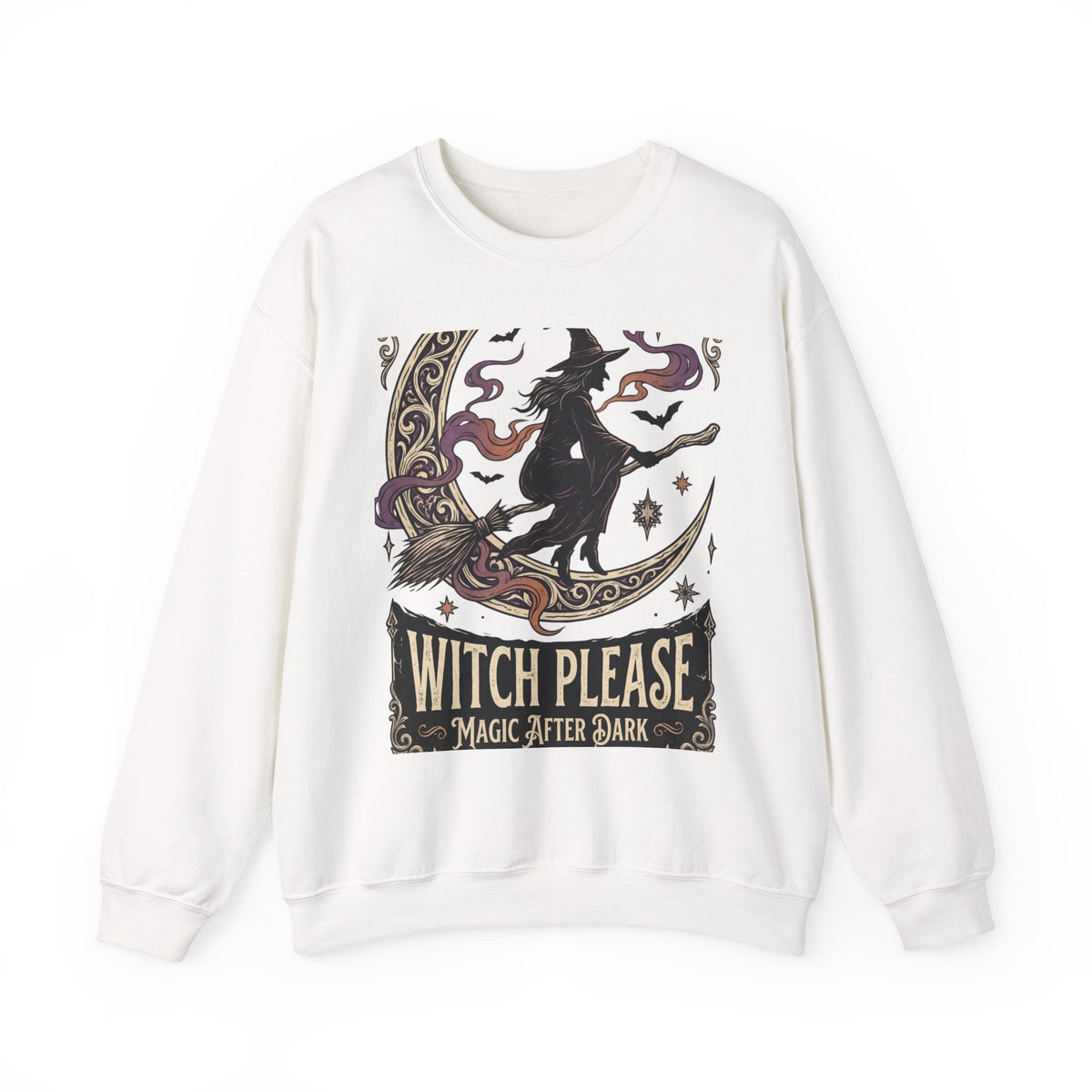 Witch Please Crewneck Sweatshirt — 'Magic After Dark' Witch Silhouette on Crescent Moon