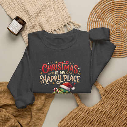 Christmas Happy Place Crewneck Sweatshirt — Cute Kawaii Tree & Gifts Holiday Sweatshirt