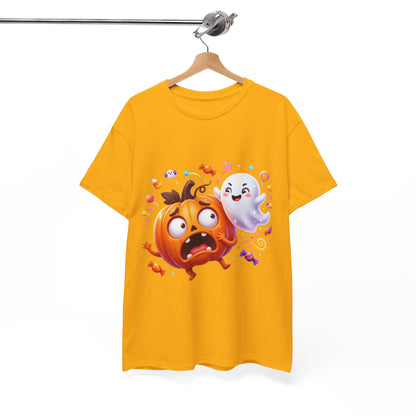 Cute Halloween Pumpkin & Ghost Tee — Scared Pumpkin Candy Graphic T-Shirt
