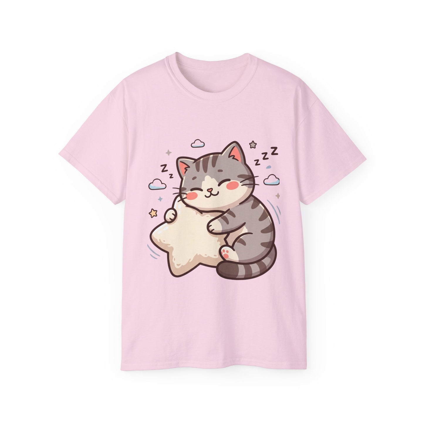 Cute Sleeping Cat Tee – Kawaii Cat Hugging Star Graphic Shirt