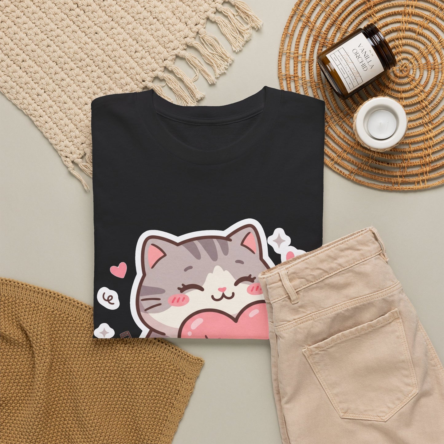 Cute Cat Hugging Heart T-Shirt — Kawaii Valentine Kitty Tee