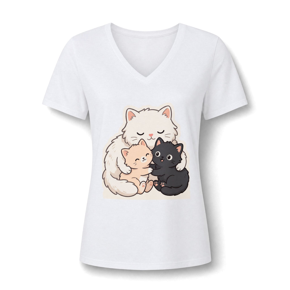 Women's Cat Mama V-Neck Tee — Cute Mom Cat and Kittens Graphic