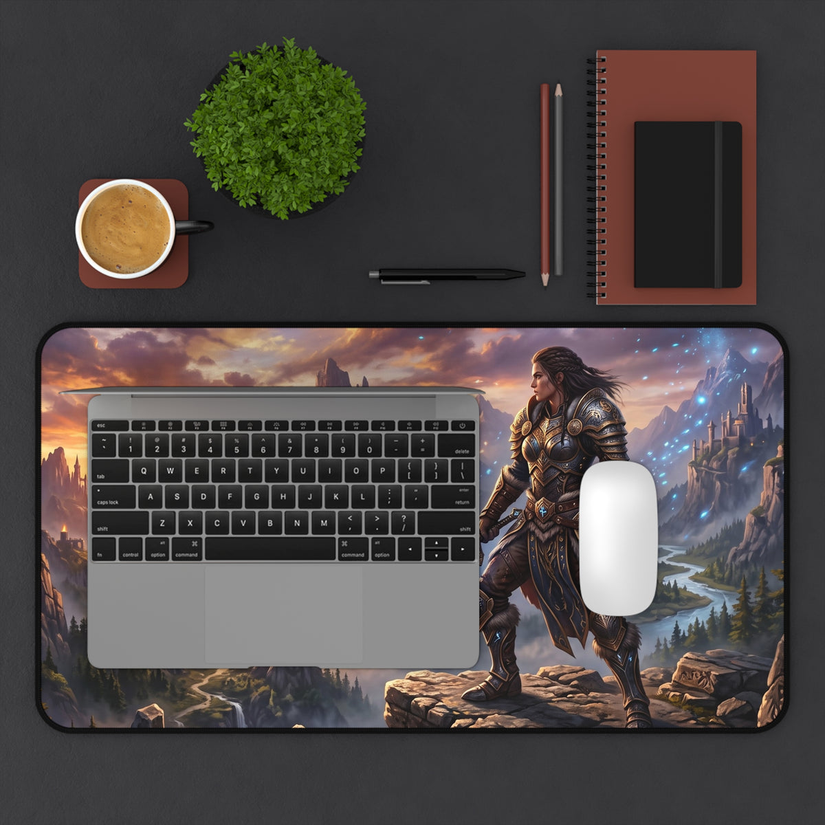 Epic Fantasy Warrior Desk Mat — Scenic Sword & Mountain Gaming Mouse Pad