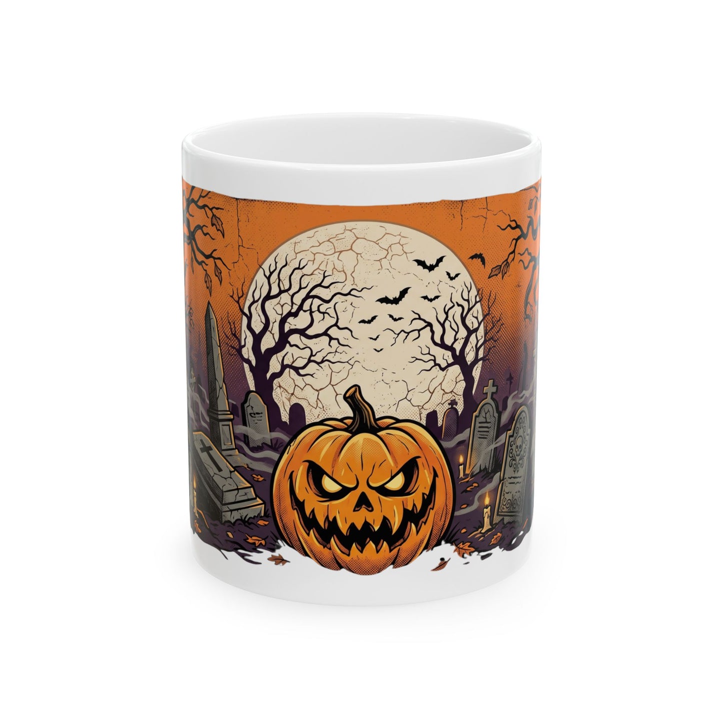 Halloween Pumpkin Mug — Spooky Graveyard Jack-o'-Lantern Ceramic Coffee Cup (11oz/15oz)