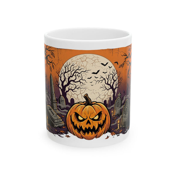 Halloween Pumpkin Mug — Spooky Graveyard Jack-o'-Lantern Ceramic Coffee Cup (11oz/15oz)