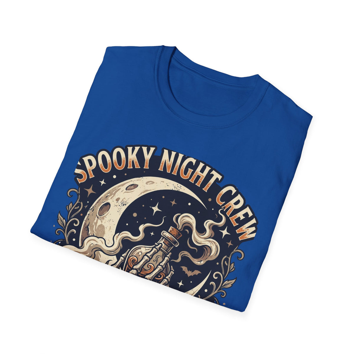 Spooky Night Crew T-Shirt — Vintage Halloween Moon & Skeleton Graphic