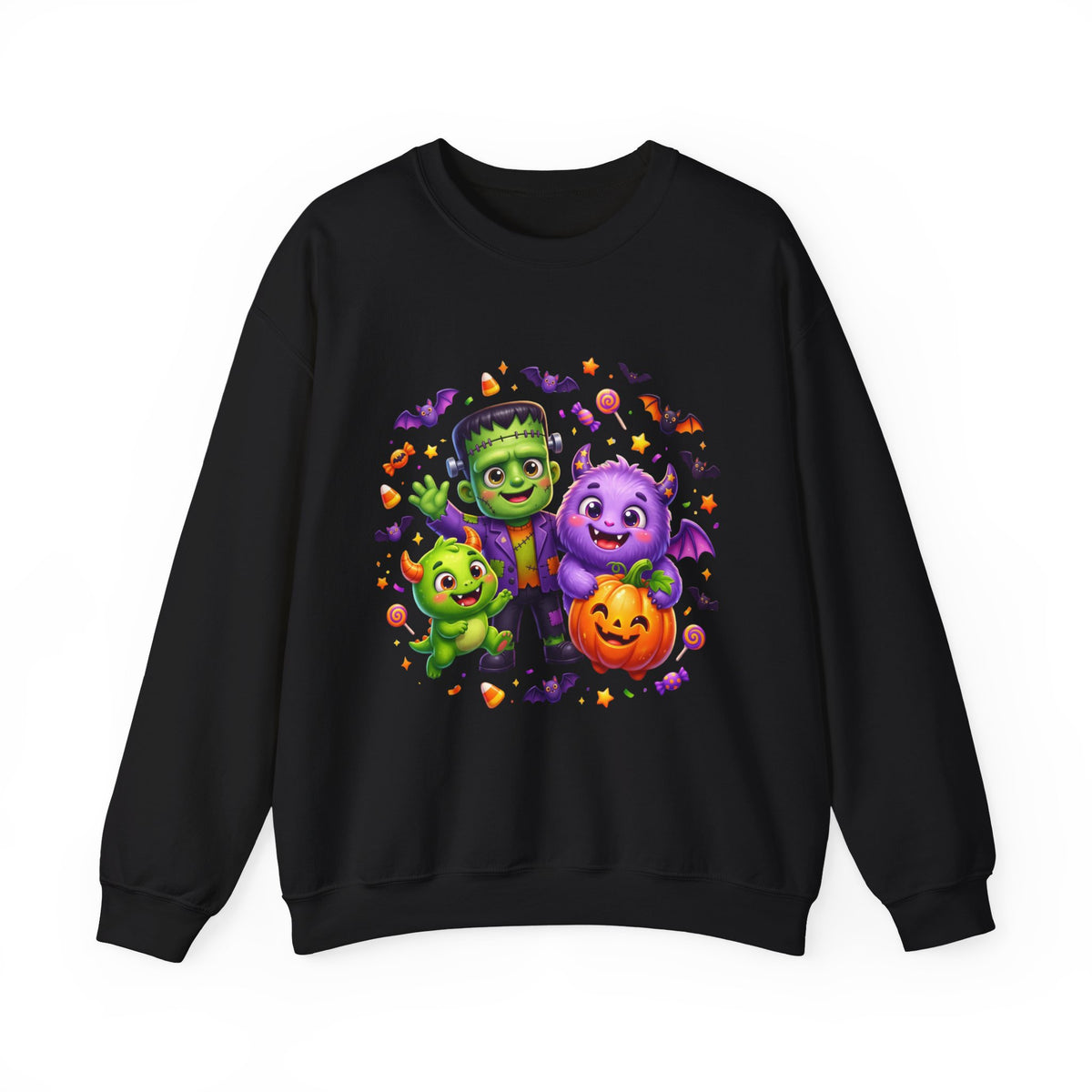 Halloween Monster Crewneck Sweatshirt — Cute Frankenstein, Vampire & Pumpkin Design