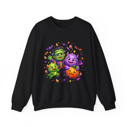 Halloween Monster Crewneck Sweatshirt — Cute Frankenstein, Vampire & Pumpkin Design