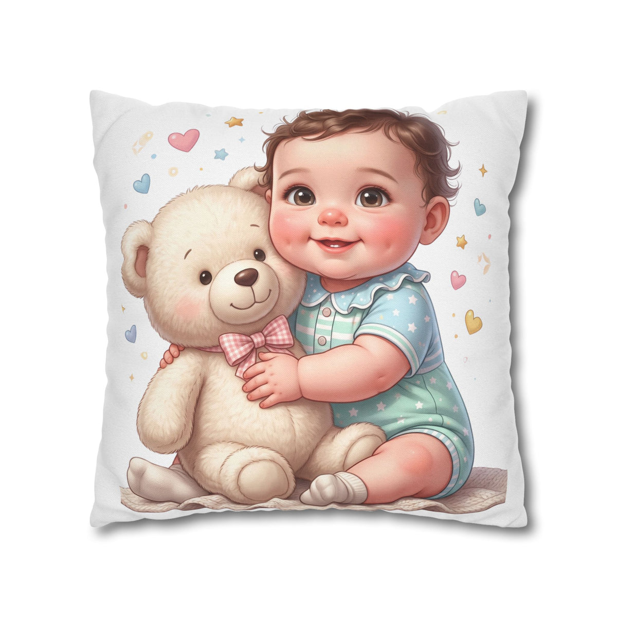 Baby & Teddy Square Pillowcase - Cute Infant Nursery Decorative Throw Pillow