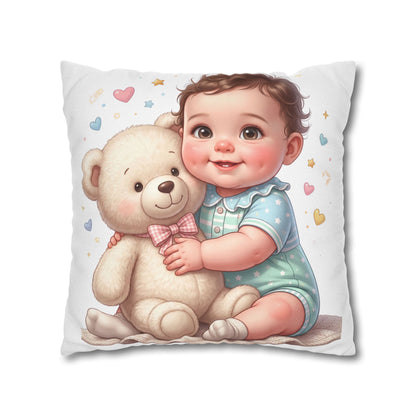 Baby & Teddy Square Pillowcase - Cute Infant Nursery Decorative Throw Pillow