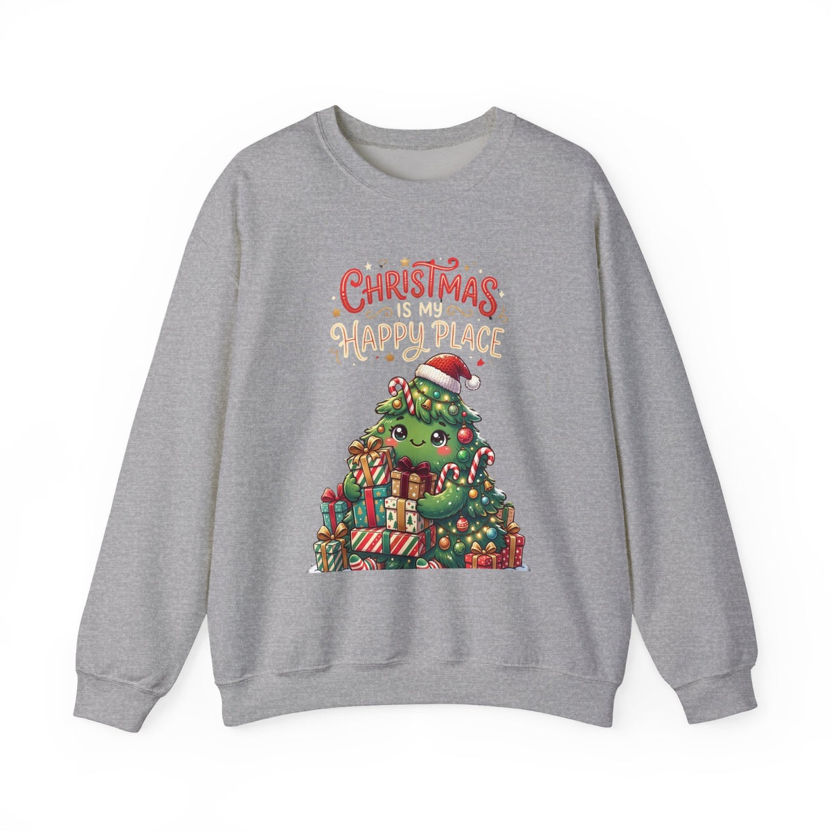 Christmas Happy Place Crewneck Sweatshirt — Cute Kawaii Tree & Gifts Holiday Sweatshirt