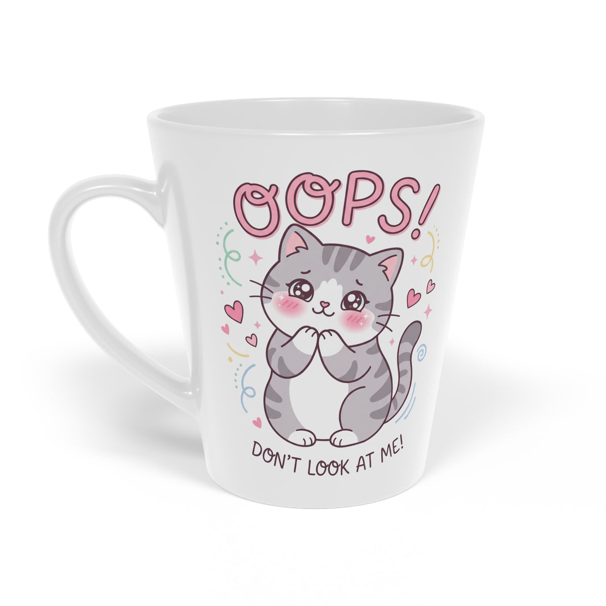 Latte Mug — Cute Kawaii Cat 'Oops! Don't Look' 12oz Ceramic Coffee Cup