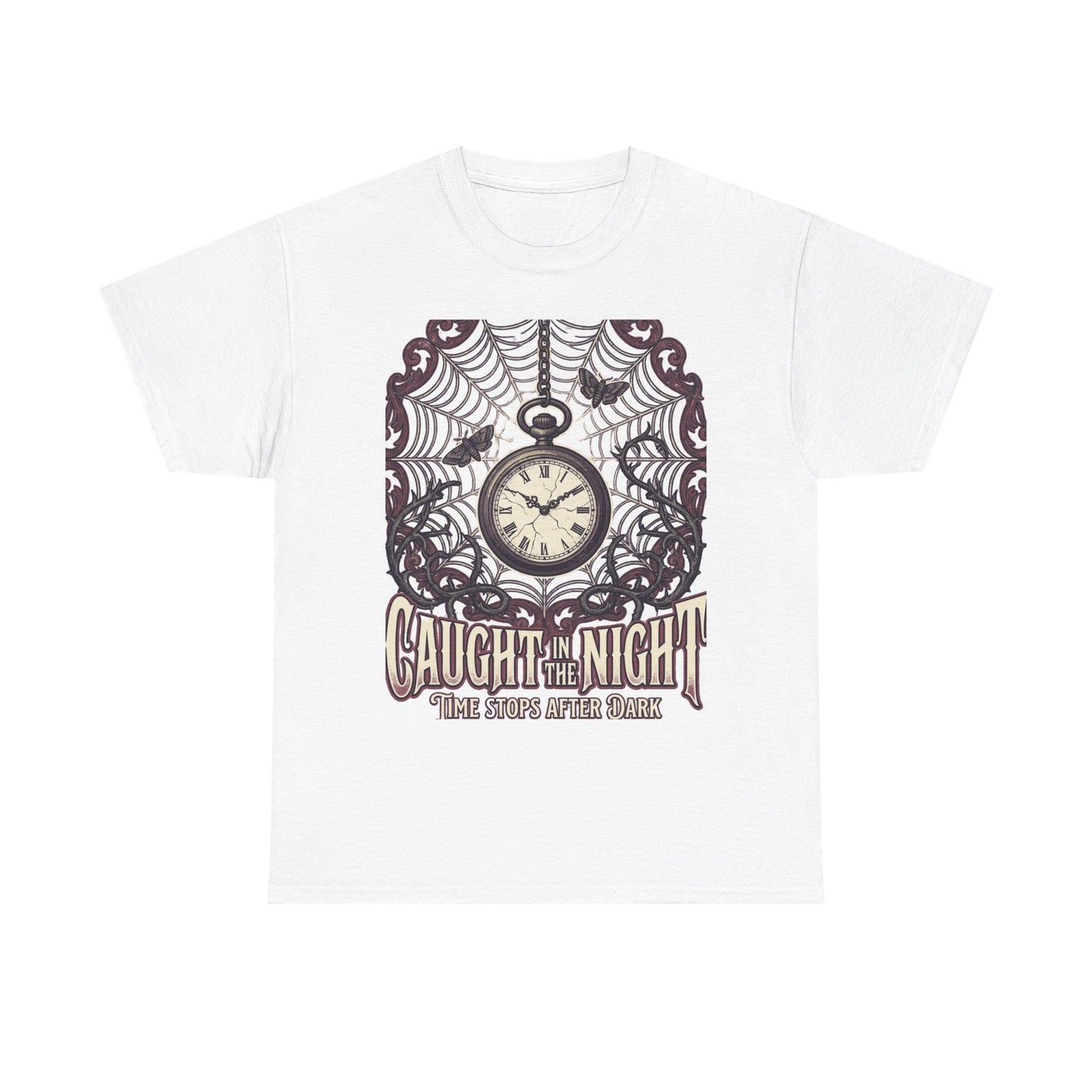 Caught in the Night Pocket Watch Tee — Gothic Spiderweb Vintage Clock T‑Shirt