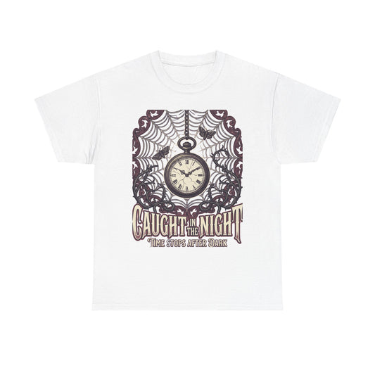 Caught in the Night Pocket Watch Tee — Gothic Spiderweb Vintage Clock T‑Shirt