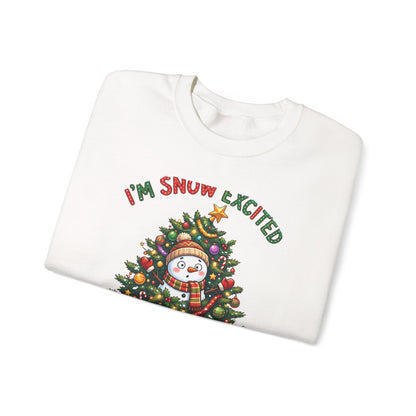 Christmas Sweatshirt – "I’m Snow Excited for Christmas" Cute Snowman Tree Holiday Crewneck