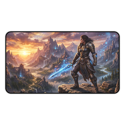 Epic Fantasy Warrior Desk Mat — Scenic Sword & Mountain Gaming Mouse Pad