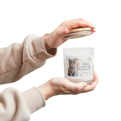 Cat Photo Frosted Glass Candle — “Home Is Better With You” Scented 11oz