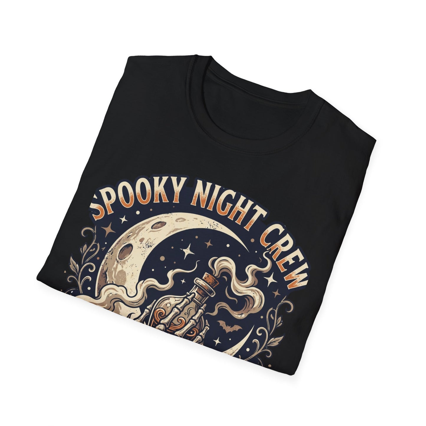 Spooky Night Crew T-Shirt — Vintage Halloween Moon & Skeleton Graphic