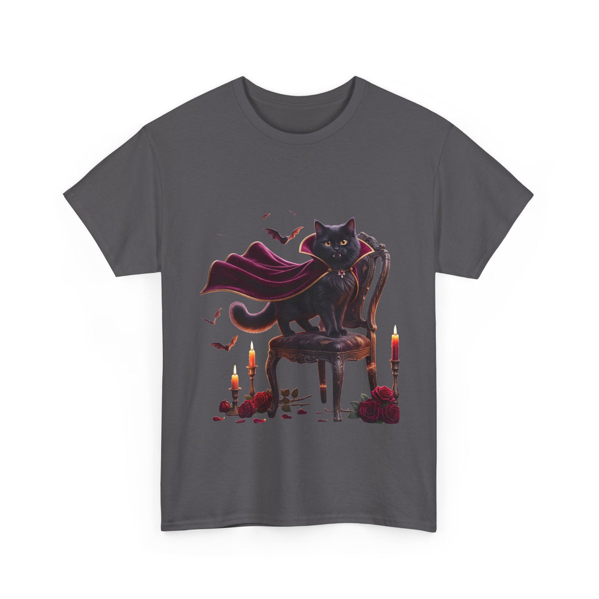 Vampire Cat Tee — Gothic Black Cat with Cape & Candles T-Shirt