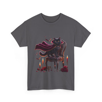 Vampire Cat Tee — Gothic Black Cat with Cape & Candles T-Shirt
