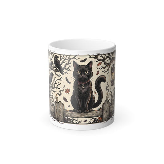 Color-Changing Mug — Black Cat on Haunted Fence (11oz)