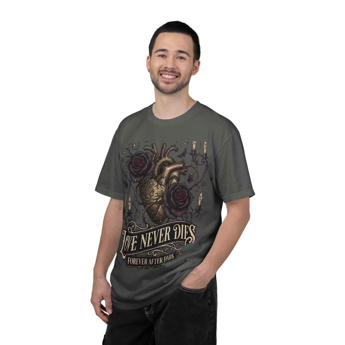 Love Never Dies Heart T-Shirt — Gothic Rose "Forever After Dark" Tee