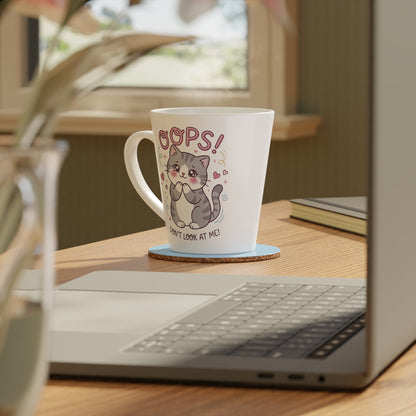 Latte Mug — Cute Kawaii Cat 'Oops! Don't Look' 12oz Ceramic Coffee Cup