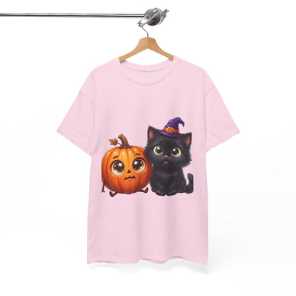 Halloween Black Cat & Pumpkin T‑Shirt — Cute Witch Hat Kitty Fall Tee