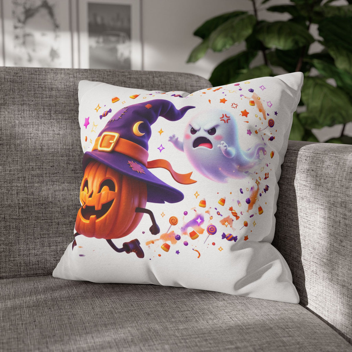 Halloween Pumpkin & Ghost Pillowcase — Cute Spooky Decorative Throw Pillow