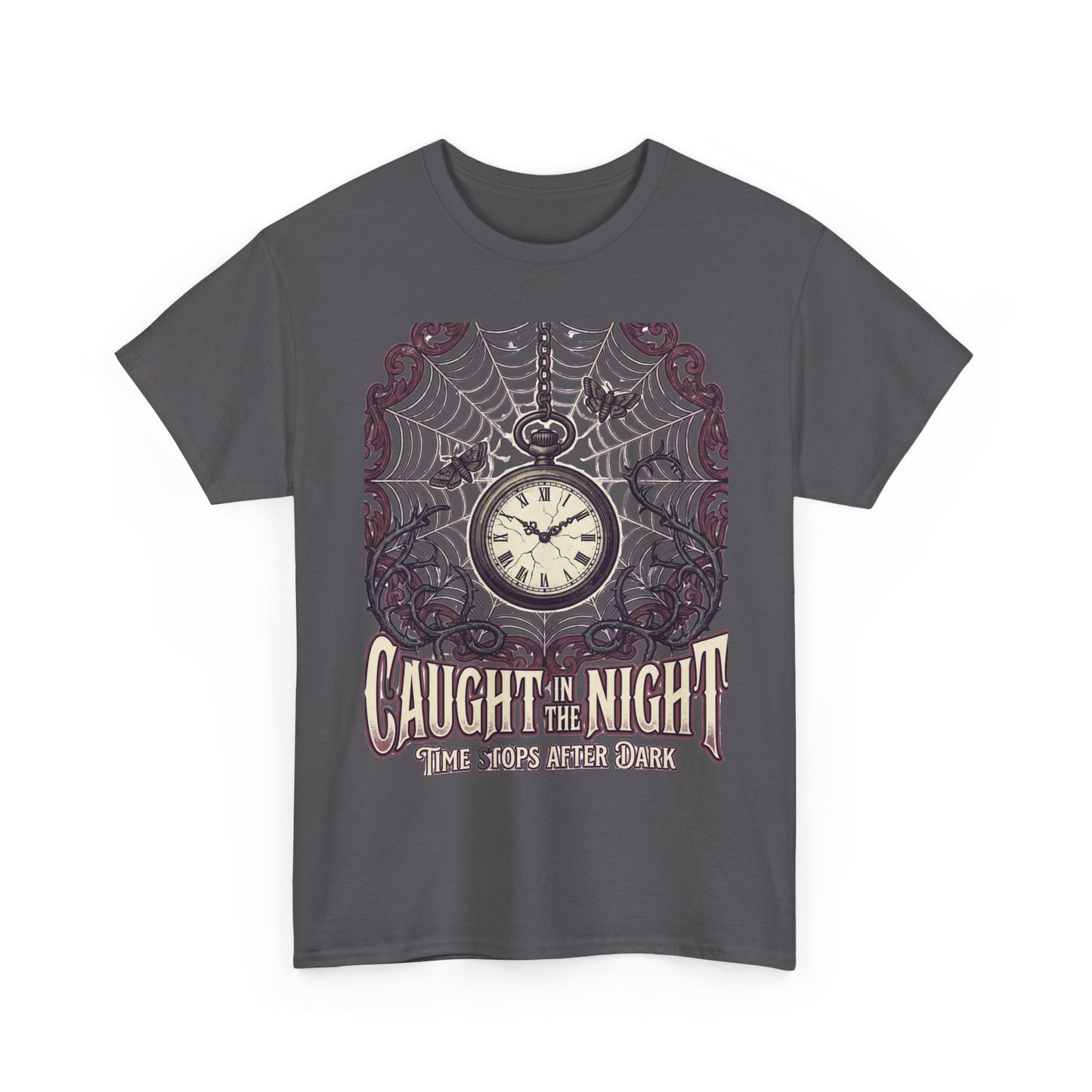 Caught in the Night Pocket Watch Tee — Gothic Spiderweb Vintage Clock T‑Shirt
