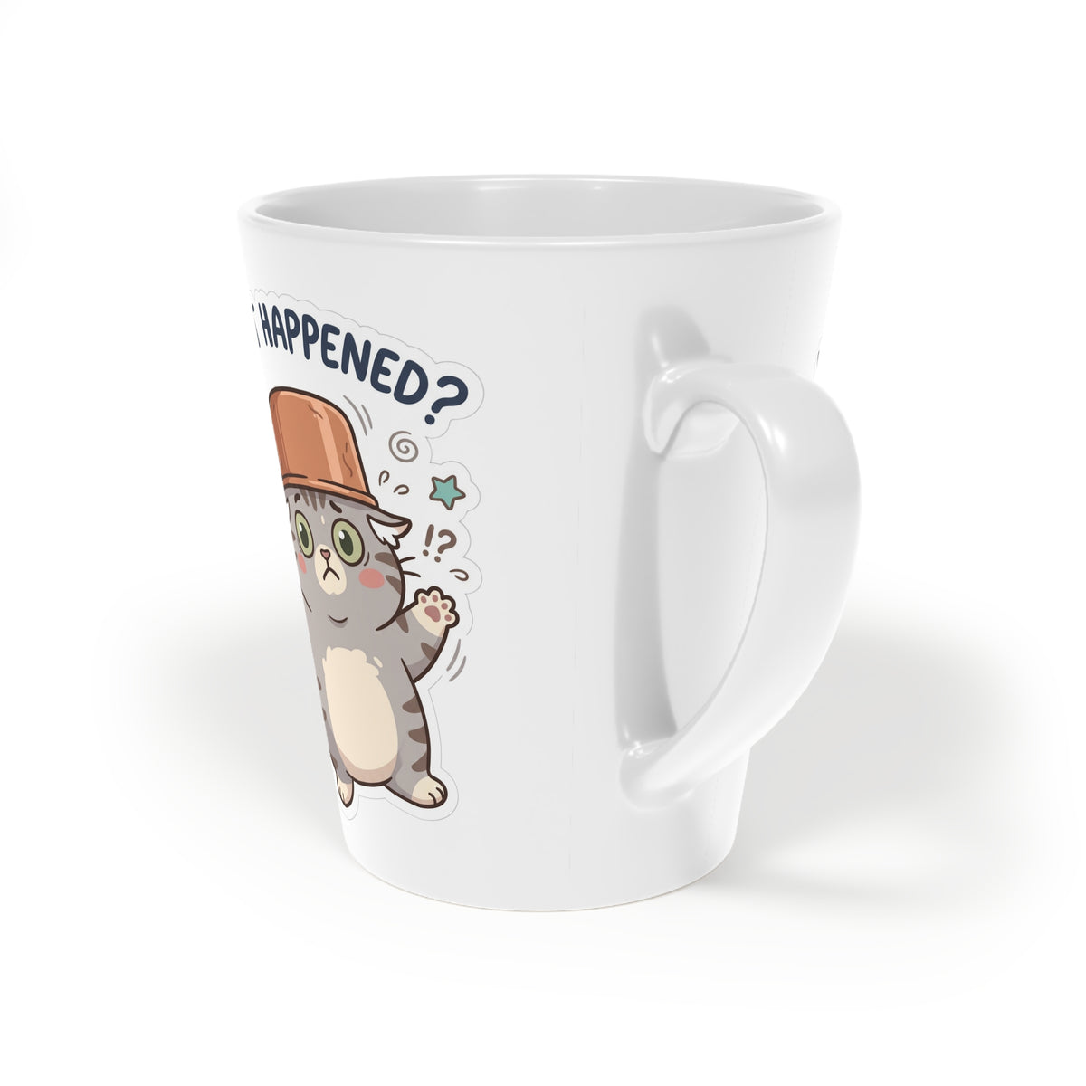Latte Mug — Cute Cat 'What Happened?' Coffee Cup, 12oz