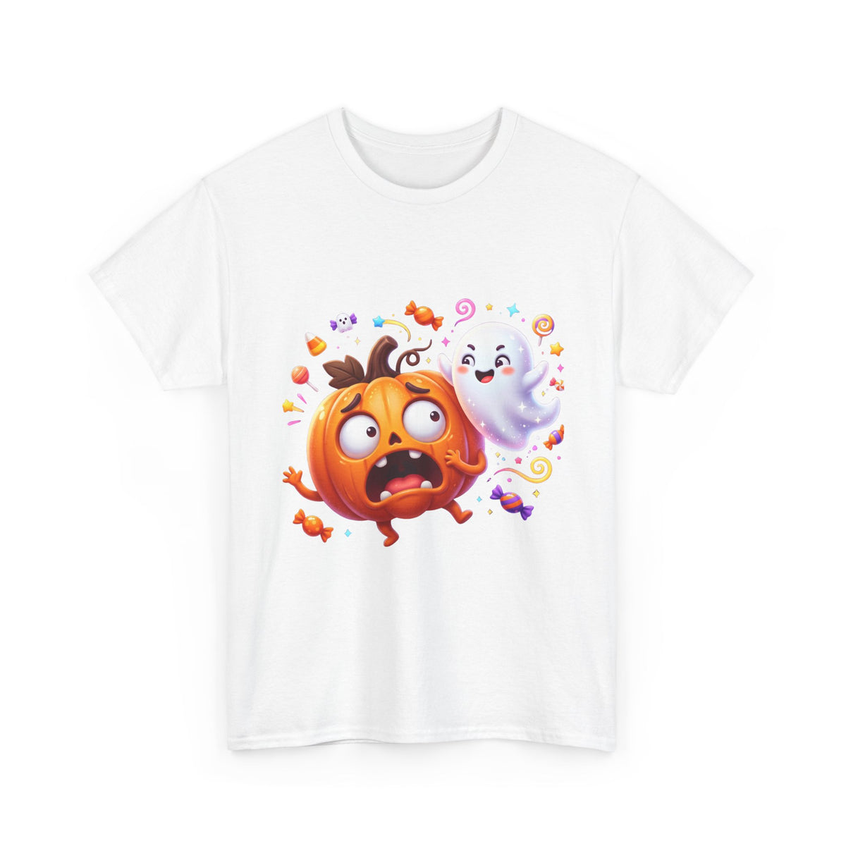 Cute Halloween Pumpkin & Ghost Tee — Scared Pumpkin Candy Graphic T-Shirt