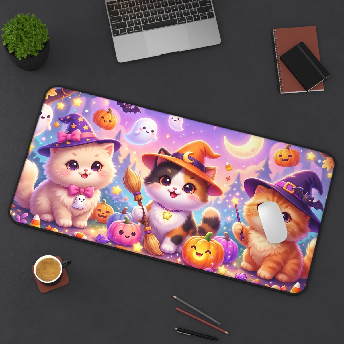 Halloween Kittens Desk Mat — Cute Witch Cat Pumpkins Gaming Mouse Pad