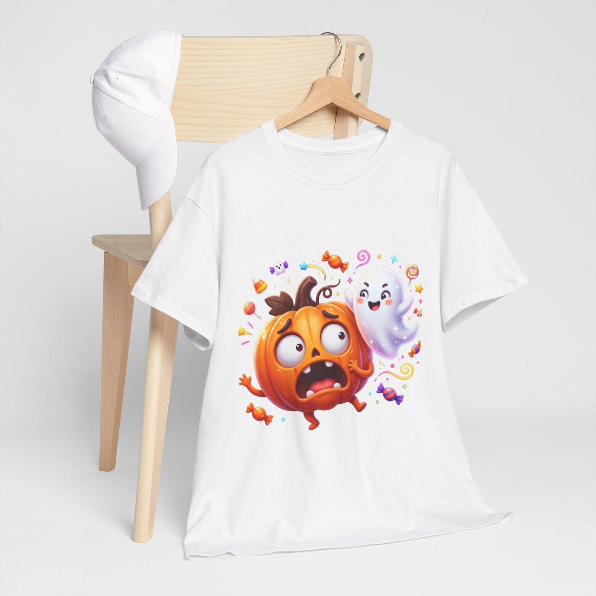 Cute Halloween Pumpkin & Ghost Tee — Scared Pumpkin Candy Graphic T-Shirt