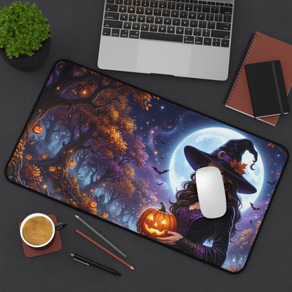 Halloween Witch Desk Mat — Moonlit Pumpkin Forest Mouse Pad