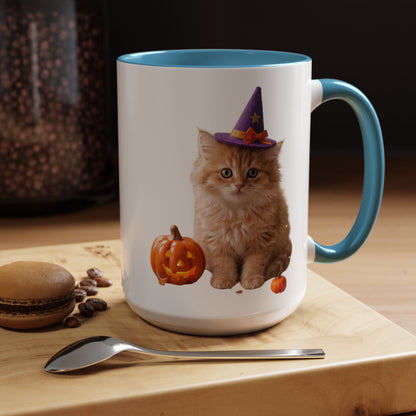 Halloween Cat Coffee Mug with Witch Hat and Pumpkin