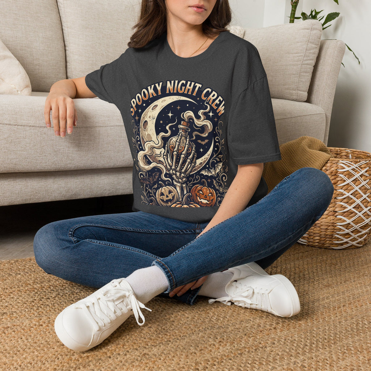 Spooky Night Crew T-Shirt — Vintage Halloween Moon & Skeleton Graphic