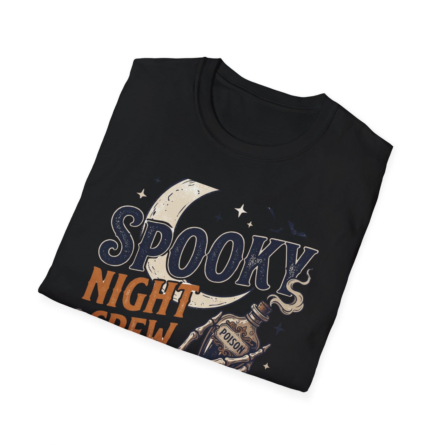 Spooky Night Crew T-Shirt — Halloween Moon, Skeleton & Pumpkins Tee