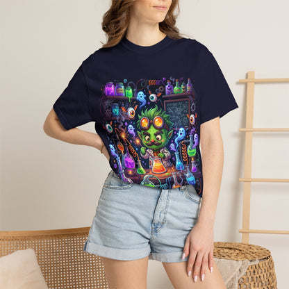 Mad Scientist Cat Lab T-Shirt — Neon Potion Halloween Tee