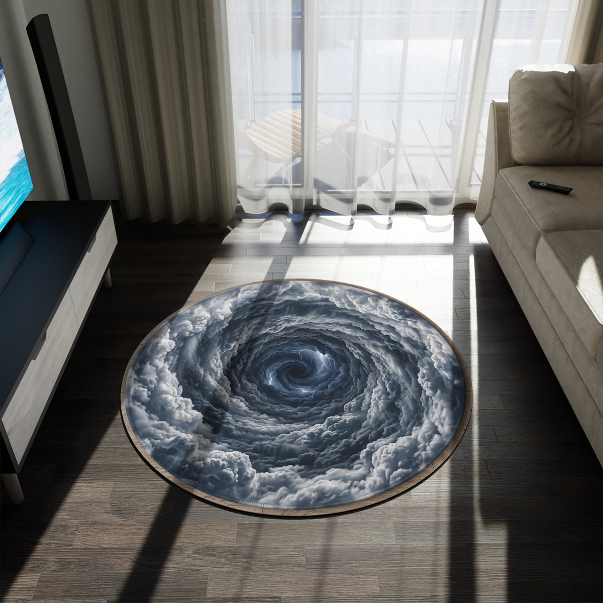 Swirling Storm Round Rug — Dramatic Cloud Vortex Floor Mat